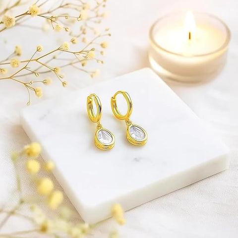Bria By Saar 925 Sterling Silver Gold-Plated Hoop Earrings for Women | Elegant Teardrop Crystal Dangle Design | Stylish Everyday