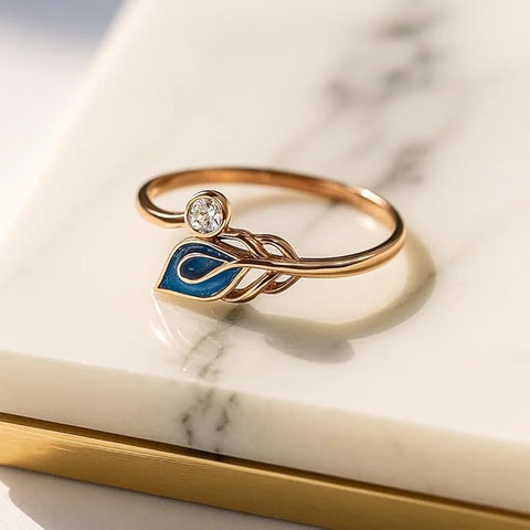 BRIA BY SAAR 925 Sterling Silver Copper Plated Peacock Feather Ring with Blue Enamel & Sparkling Stone – Elegant Gift for Women, Girls, Mother & Sister