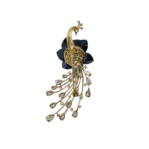 Elegant Swarovski Glass Peacock Brooch with Blue Crystal Floral Body & Cascading Diamond-Style Tail – Elegant Golden Finish Jewelry Pin for Women’s Party, Wedding
