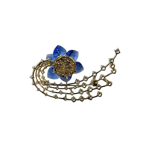 BRIA BY SAAR Luxury Swarovski Glass Crystal Flower Brooch | Elegant Blue Petal Pin with Golden Rhinestone Chains | Statement Fine Jewellery for Sarees, Gowns & Blazers