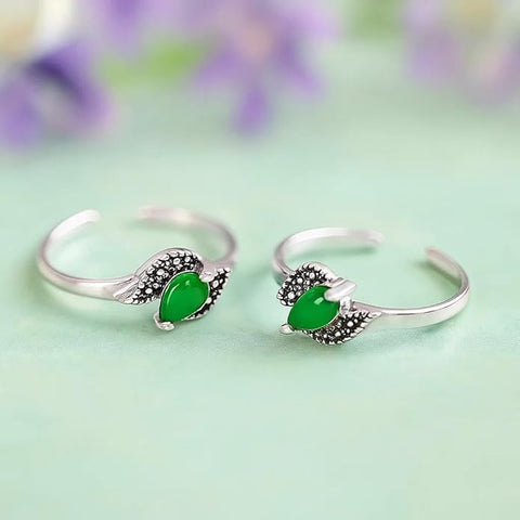 BRIA BY SAAR 925 Sterling Silver Finger Ring/Toe Ring with Green Marcasite Stone – Adjustable Silver Floral Design for Women (1 Pair)