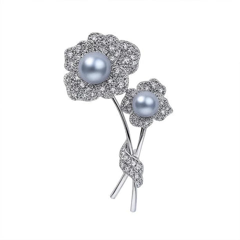 Luxury Silver Crystal Flower Brooch with Elegant Pearl Center – Sparkling Rhinestone Floral Pin for Party, Wedding, Formal for Women