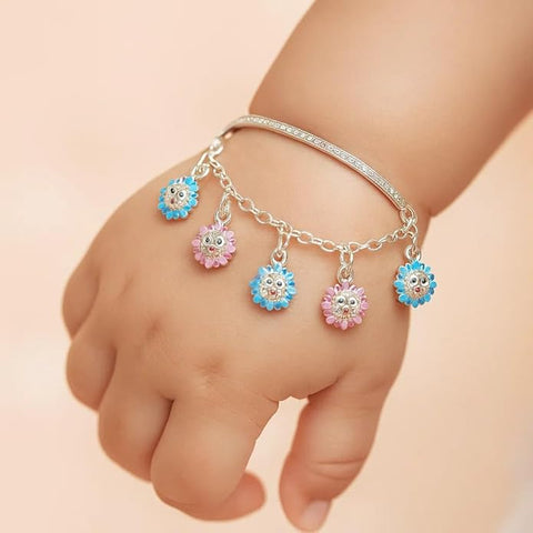 BRIA BY SAAR 925 Sterling Silver Adjustable Kids Bangles with Sun Face Charms | Multicolor Pink & Blue Design | Safe, Hypoallergenic Jewellery for Babies & Toddlers (Ages 0–5 Years)