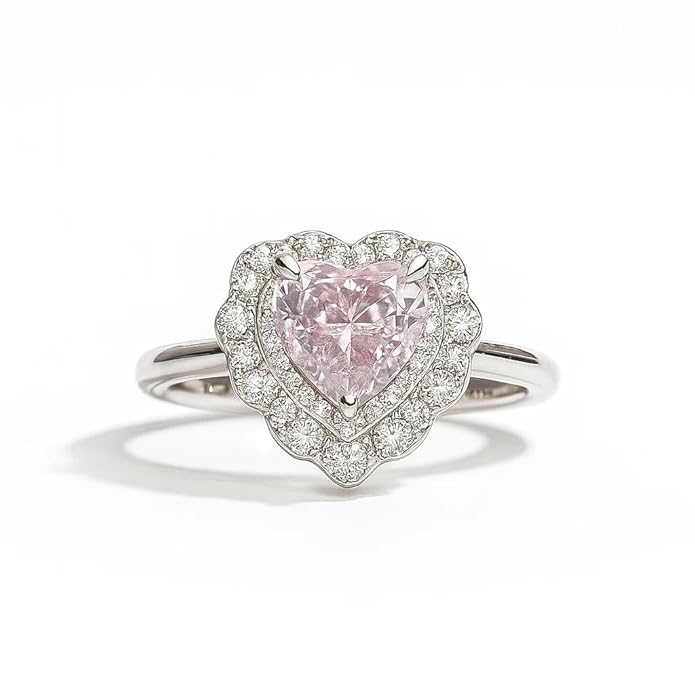 BRIA BY SAAR 925 sterling silver heart design adjustable ring for women & girls | sparkling pink stone with diamond-cut halo | love & elegance