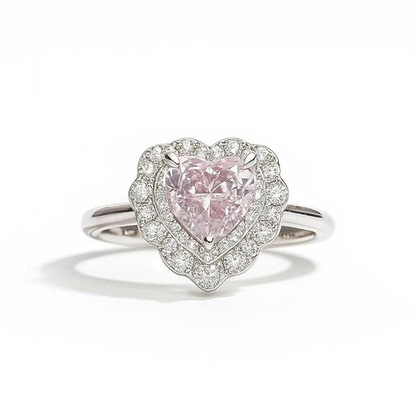 925 sterling silver heart design adjustable ring for women & girls | sparkling pink stone with diamond-cut halo | love & elegance