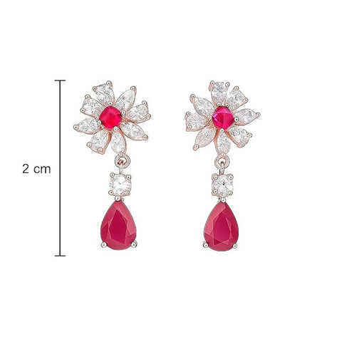 925 Sterling Silver Floral Drop Earrings for Women | Red Ruby & White CZ Stone Flower with Teardrop Design | Elegant Wedding, Party & Festive Jewelry