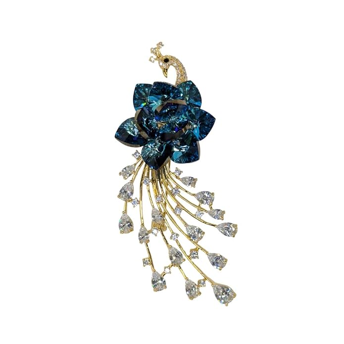 Elegant Swarovski Glass Peacock Brooch with Blue Crystal Floral Body & Cascading Diamond-Style Tail – Elegant Golden Finish Jewelry Pin for Women’s Party, Wedding