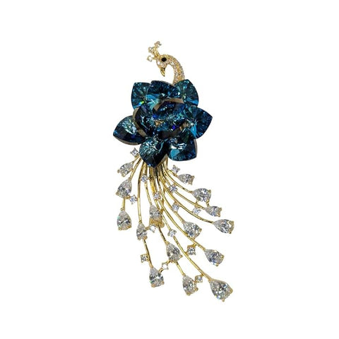 Elegant Swarovski Glass Peacock Brooch with Blue Crystal Floral Body & Cascading Diamond-Style Tail – Elegant Golden Finish Jewelry Pin for Women’s Party, Wedding