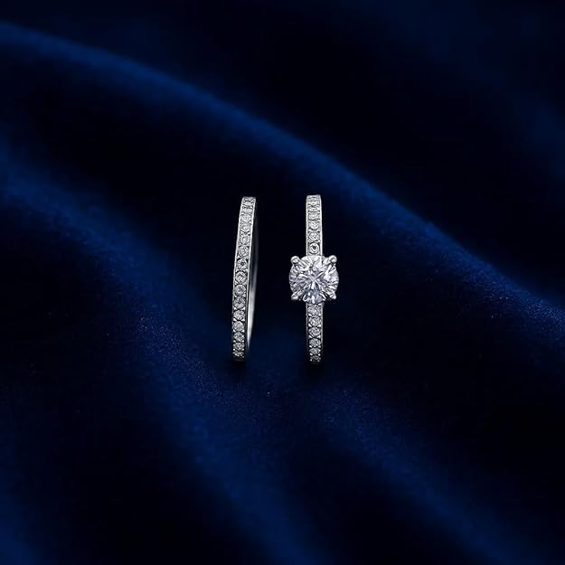 BRIA BY SAAR Silver-Plated CZ Engagement and Wedding Ring Set | Solitaire Round-Cut with Pavé Band | Elegant Bridal Proposal and Anniversary Jewellery for Women | 2-Piece Coordinated Set