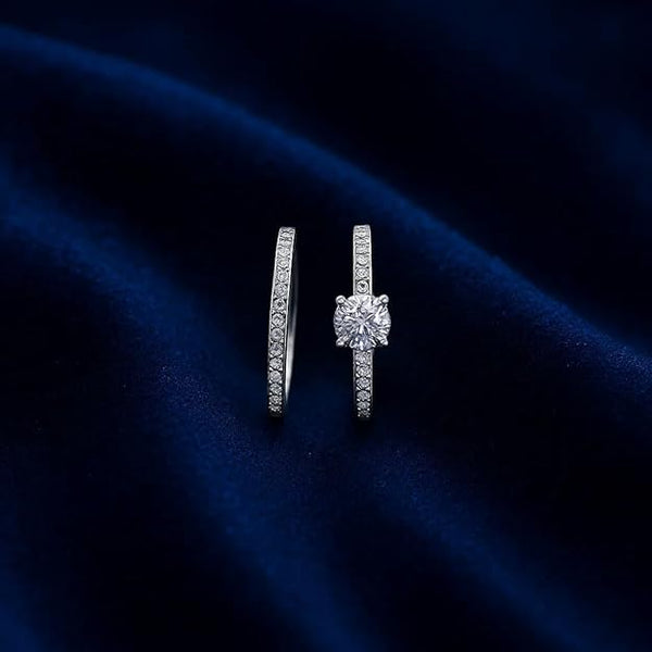 BRIA BY SAAR Silver-Plated CZ Engagement and Wedding Ring Set | Solitaire Round-Cut with Pavé Band | Elegant Bridal Proposal and Anniversary Jewellery for Women | 2-Piece Coordinated Set