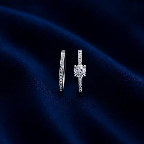 BRIA BY SAAR Silver-Plated CZ Engagement and Wedding Ring Set | Solitaire Round-Cut with Pavé Band | Elegant Bridal Proposal and Anniversary Jewellery for Women | 2-Piece Coordinated Set