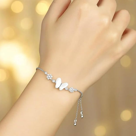 BRIA BY SAAR 925 Sterling Silver Butterfly Charm Bracelet for Women and Girls | Iridescent Mother of Pearl Butterfly Design | Adjustable Fine Jewellery for Daily and Party Wear | Elegant Birthday and Anniversary Gift