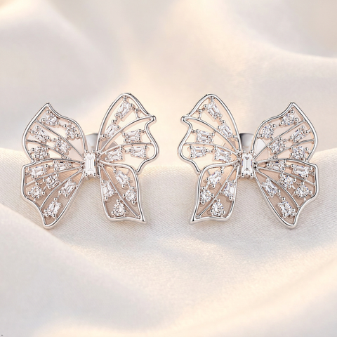 Anti-Tarnish Stainless Steel Silver Crystal Bow Stud Earrings | Baguette & Round Rhinestone Openwork Butterfly Earrings For Women | Water-Resistant Luxury Statement Jewelry Gift