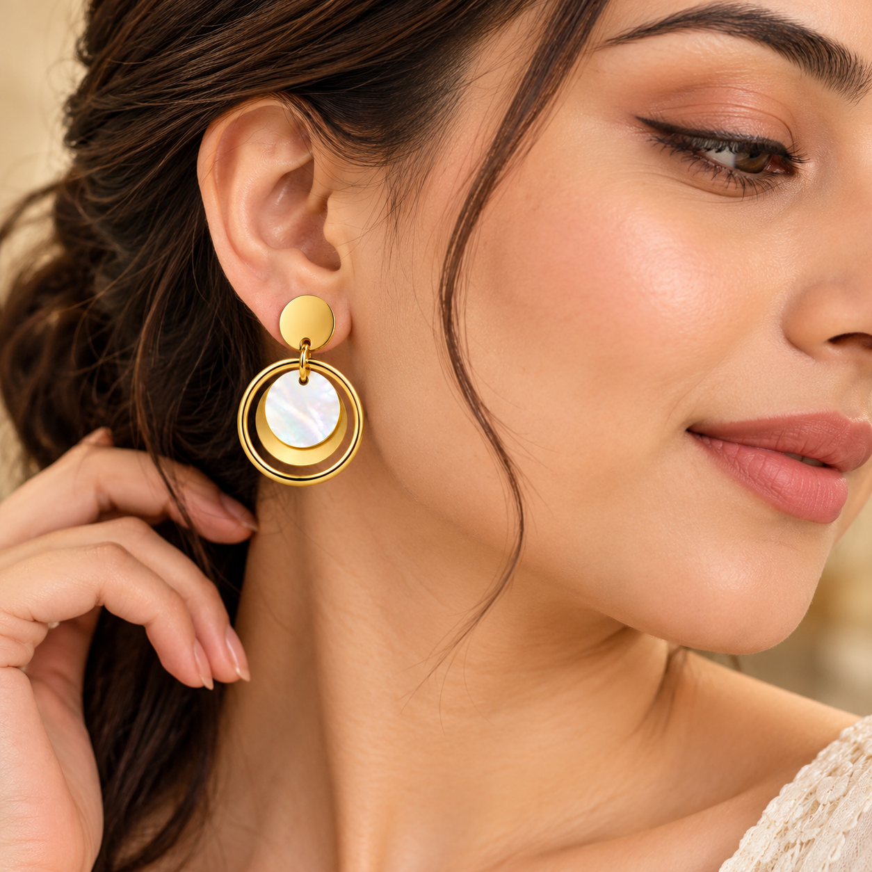 Gold Plated Circular Drop Earrings for Women with Resin and Shell Inlay