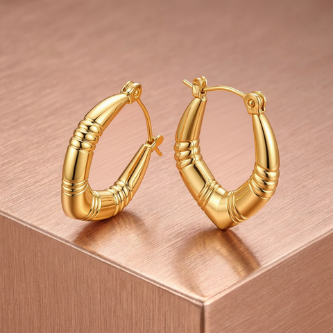 Anti-Tarnish Stainless Steel Chunky Bamboo V-Hoop Earrings | Gold Textured Geometric Tapered Hoops For Women | Water-Resistant Everyday Minimalist Luxury Jewelry