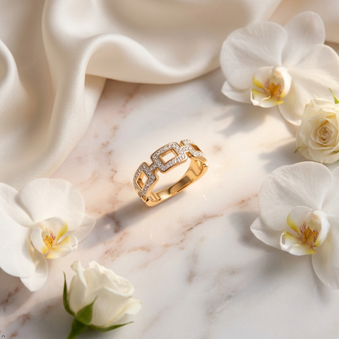 Bria By Saar Stainless Steel Golden Geometric Link Ring With Cubic Zirconia For Women | Gold-Plated Statement Finger Ring | Stylish Anti-Tarnish Fashion Jewellery For Daily Wear, Party & Gifting | (Size- 7)