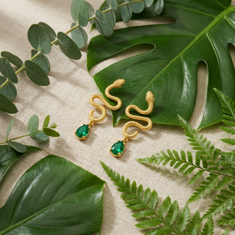 Anti-Tarnish Stainless Steel Textured Snake Drop Earrings | Gold Serpentine Dangle With Emerald Green Teardrop Crystal For Women | Water-Resistant Edgy Luxury Jewelry