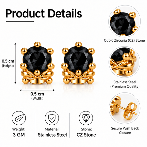 Gold Plated Black Cubic Zirconia Stud Earrings for Women