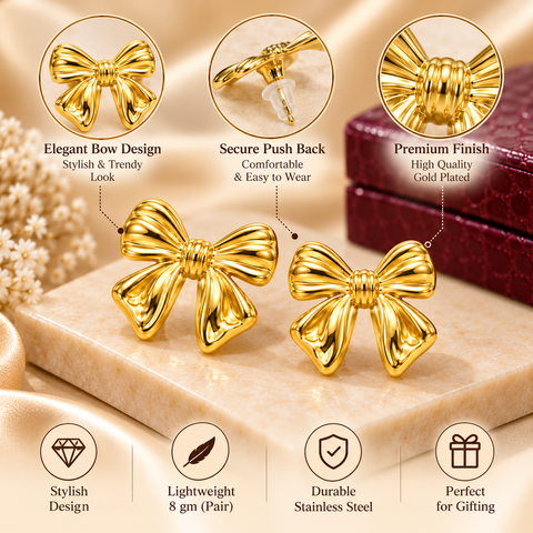 Gold Plated Stainless Steel Bow Stud Earrings for Women