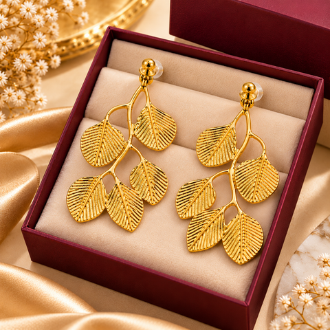 Gold Plated Teardrop Leaf Dangle Earrings for Women