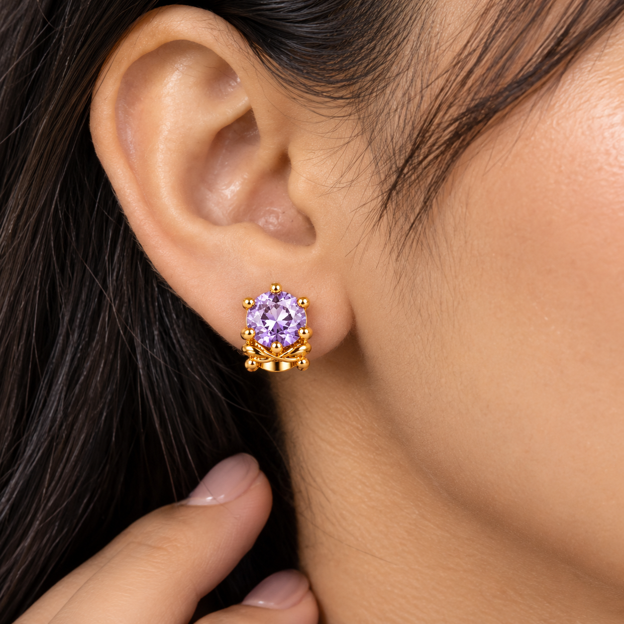 Gold Plated Purple Cubic Zirconia Stud Earrings for Women