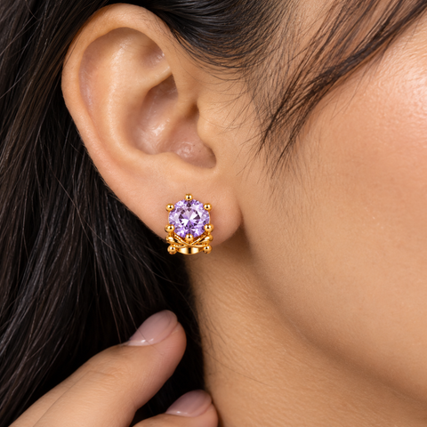 Gold Plated Purple Cubic Zirconia Stud Earrings for Women