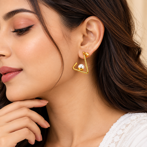 Gold Plated Square Pearl Drop Earrings for Women, Stainless Steel