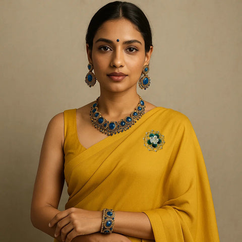 Elegant Peacock Flower Brooch – Gold Finish with Blue Gemstones & Crystal
