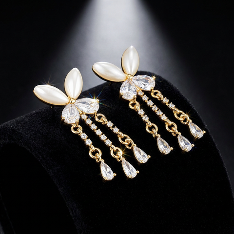 Anti-Tarnish Stainless Steel Cat-Eye Shell Butterfly Tassel Earrings | Gold Mother Of Pearl Drop Fringe Dangle For Women | Water-Resistant Elegant Luxury Jewelry Gift