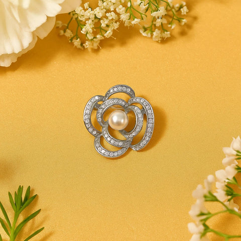 Elegant Rose Silver Hair Clip with Pearl and Pave Cubic Zirconia