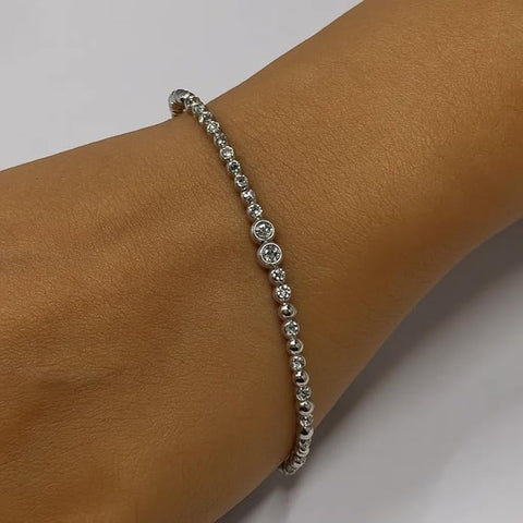BRIA BY SAAR 925 Sterling Silver Beaded Stretch Bracelet for Women and Girls | Elegant High-Polish Silver Beads with Sparkling CZ Accents | Lightweight Daily Wear & Occasion Fine Jewellery