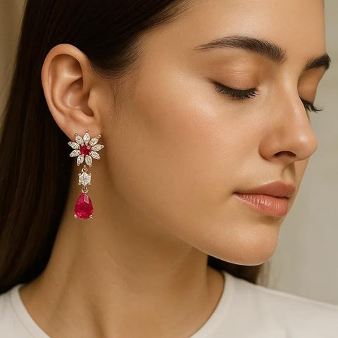 BRIA BY SAAR 925 Sterling Silver Ruby Floral Drop Earrings | Red Teardrop & CZ Stone Design | Elegant Party & Wedding Jewellery