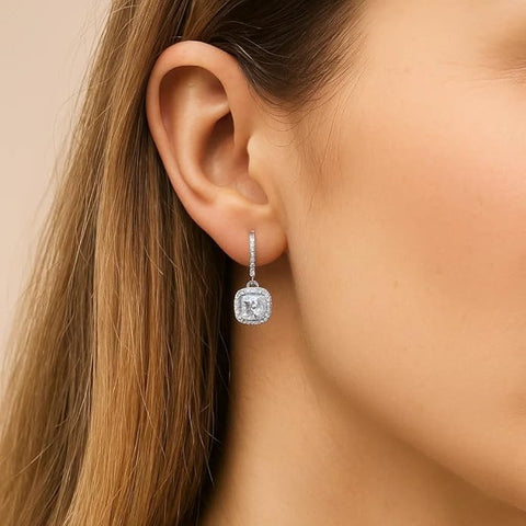 BRIA BY SAAR 925 Sterling Silver Cushion-Cut Drop Earrings for Women | Sparkling CZ Halo Dangle Design | High-Brilliance Luxury Wedding & Party Fine Jewellery | Hypoallergenic