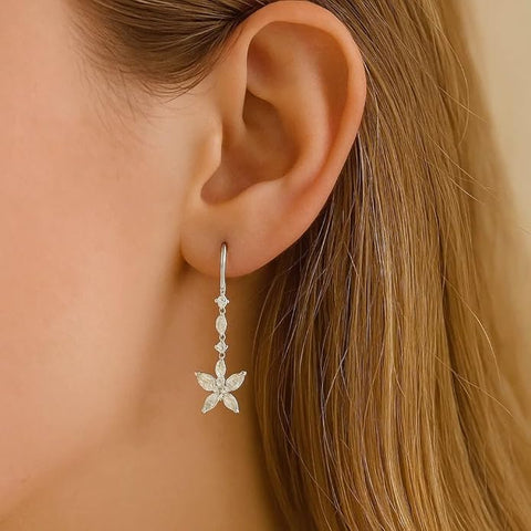 BRIA BY SAAR 925 Sterling Silver Floral Drop Earrings for Women | Brilliant Marquise-Cut CZ Stones in Botanical Cluster Design | Elegant Wedding, Bridal & Party Fine Jewellery | Hypoallergenic
