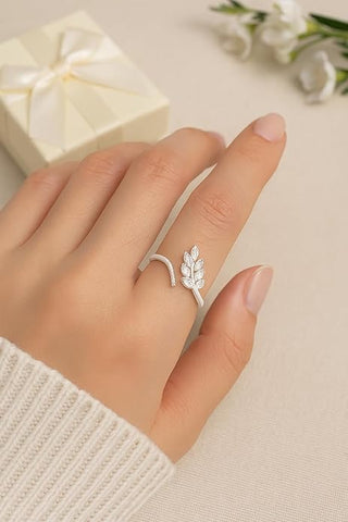 BRIA BY SAAR 925 Sterling Silver Adjustable Leaf Open Ring for Women & Girls with Sparkling CZ Stones – Elegant Nature-Inspired Design