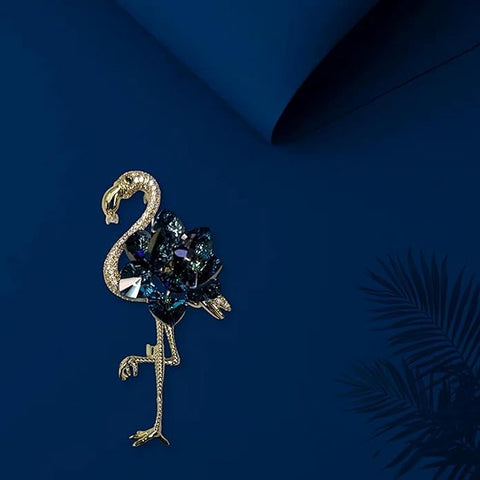 BRIA BY SAAR Flamingo Bird Swarovski Glass Brooch with Dark Blue Crystal Stones | Elegant Golden Finish Designer Pin for Women | Statement Jewellery for Saree, Blazer, and Gown | Wedding & Festive Gift