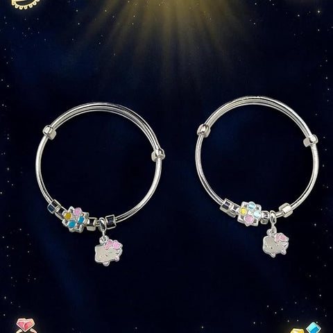 BRIA BY SAAR 925 Sterling Silver Kids Bangles | Cute Kitty & Multicolor Flower Charms | Safe & Adjustable Nazaria for Babies and Toddlers (Ages 0–5 Years) | 1 Pair (Set of 2)
