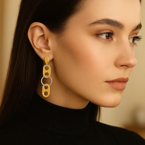 BRIA BY SAAR 925 Sterling Silver Gold-Plated Geometric Dangle Earrings for Women | Dual-Tone Oval and Textured Circle Long Drop Design | Modern Artistic Statement Party Jewellery | Hypoallergenic