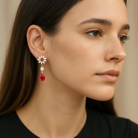 925 Sterling Silver Floral Drop Earrings for Women | Red Ruby & White CZ Stone Flower with Teardrop Design | Elegant Wedding, Party & Festive Jewelry