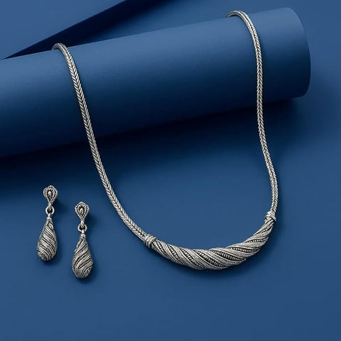 BRIA BY SAAR 925 Sterling Silver Marcasite Necklace & Earrings Set for Women & Girls | Elegant Antique Finish Jewelry | Stylish Party & Ethnic Wear