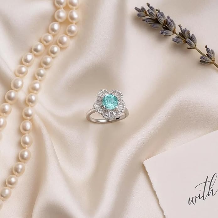 BRIA BY SAAR 925 Sterling Silver Aquamarine Halo Ring | Adjustable Engagement-Style Ring with Pave Crystal Detailing | Elegant Romantic Gift for Wife, Girlfriend & Fiancée