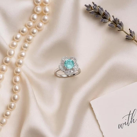 BRIA BY SAAR 925 Silver Aquamarine Halo Ring with Pave Crystal Detailing – Elegant Adjustable Engagement Jewelry Gift for Wife & Girlfriend