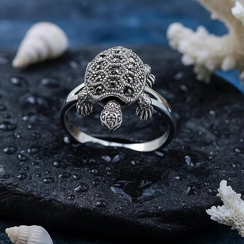 BRIA BY SAAR 925 Sterling Silver Turtle Shape Ring for Women and Girls | Vintage Marcasite Animal Design Finger Ring | Symbol of Wisdom and Longevity | Hypoallergenic Fine Jewellery Gift