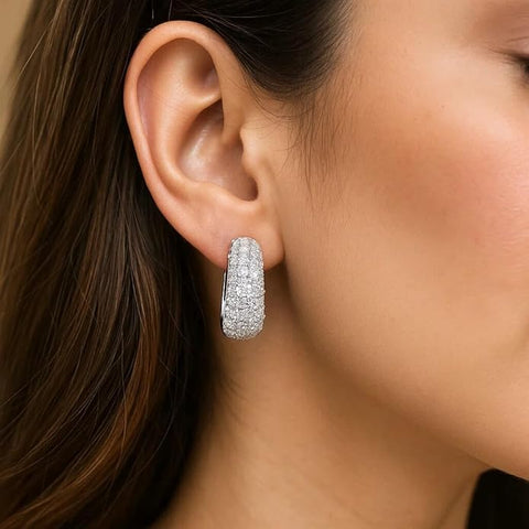 BRIA BY SAAR 925 Sterling Silver Huggie Hoop Earrings for Women | Sparkling Pavé CZ Stone Encrusted Small Hoops | Elegant Minimalist Daily & Party Wear Fine Jewellery | Hypoallergenic