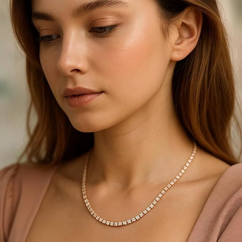 925 Sterling Silver Rose Gold Tennis Necklace for Women & Girls | Elegant Crystal-Studded Jewelry with Sparkling Stones | Stylish Lightweight Accessory for Festive, Party & Special Occasions