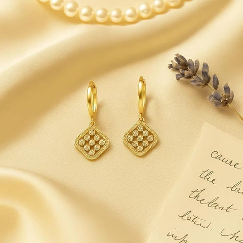 925 Sterling Silver Gold-Plated Drop Earrings for Women | Diamond-Shaped Dangle with CZ Stone Detailing | Elegant Party & Jewelry