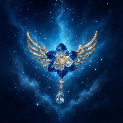 Swarovski Glass Blue Crystal Flower Brooch with Golden Wing Design – Elegant Diamond-Style Center & Dangling Drop Stone | Party, Wedding Pin for Women