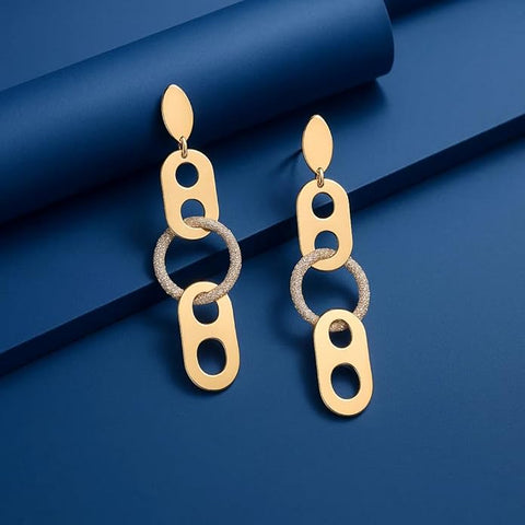 925 Sterling Silver Gold-Plated Geometric Dangle Earrings for Women | Dual-Tone Oval & Silver Textured Circle Long Drop Design | Modern Party & Festive Jewelry
