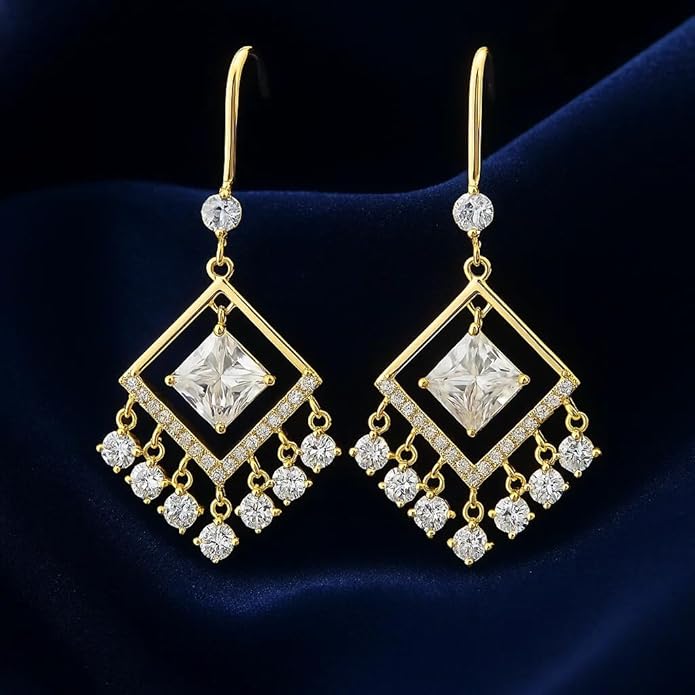 925 Sterling Silver Gold-Plated Chandelier Earrings for Women | Square-Cut CZ Center with Dangling Round Crystals | Elegant Wedding & Party Jewelry