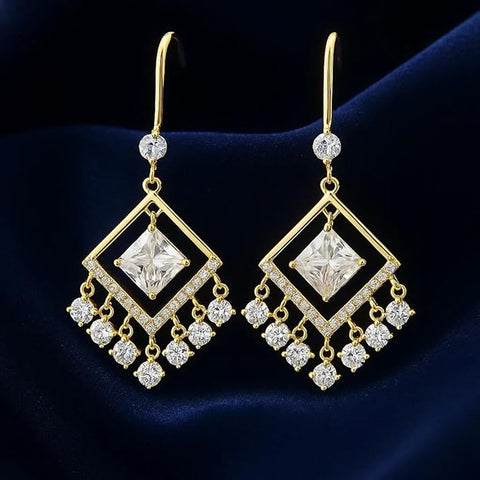 925 Sterling Silver Gold-Plated Chandelier Earrings for Women | Square-Cut CZ Center with Dangling Round Crystals | Elegant Wedding & Party Jewelry